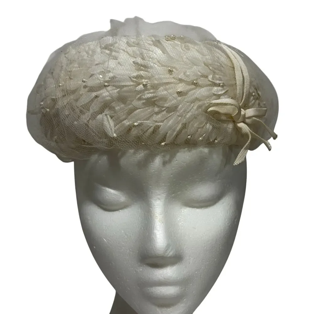 Vintage Mid Century White pillbox hat by Dana Marte bridal silk floral & beads